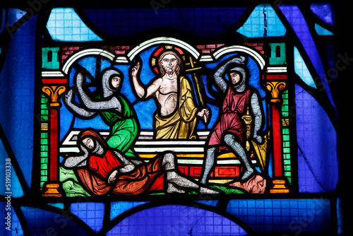 Stained glass in Saint Denys de l Estr  e church   Christ resurrecting