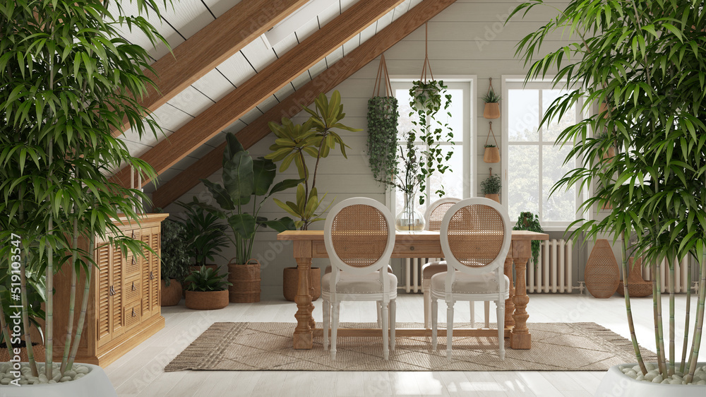 Fototapeta premium Zen interior with potted bamboo plant, natural interior design concept, country dining room with rattan potted plants, sideboard and table. Boho architecture