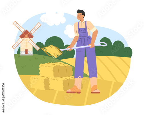 Flat vector illustration with male character of a farmer in uniform performs work on his farm. Concept of agricultural work.