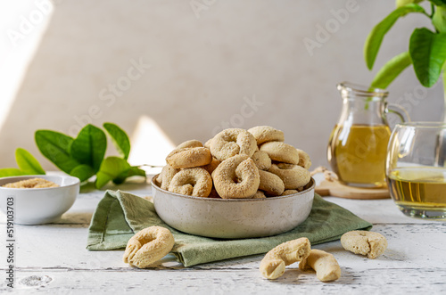 Sweet Italian cookies Taralli made with white wine, sugar, olive oil, eggs and flour
