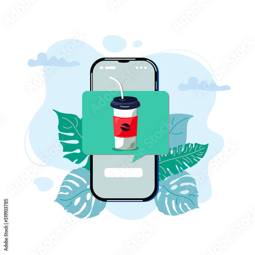 Disposable cup on mobile phone notification. Food fast delivery, beverage online shopping concept. Vector illustration.