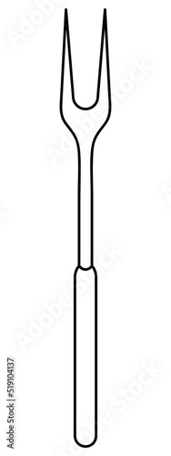 Barbecue fork with two prongs. Sketch. Tool for turning and removing meat and fish from the grill. Fork for frying sausages. Vector illustration. Outline on isolated background.