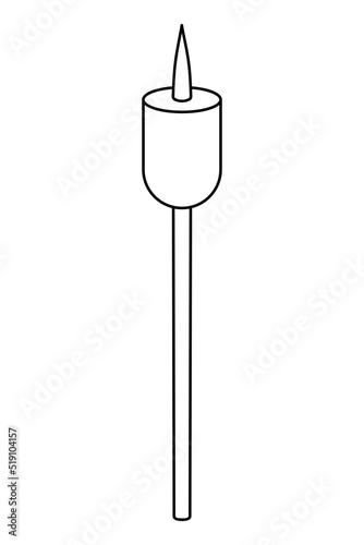 Marshmallow on a skewer. Dessert for frying on a fire. Sketch. Vector illustration. Coloring. Outline on isolated background. Doodle style. Sweet soufflé on a stick. Idea for web design.