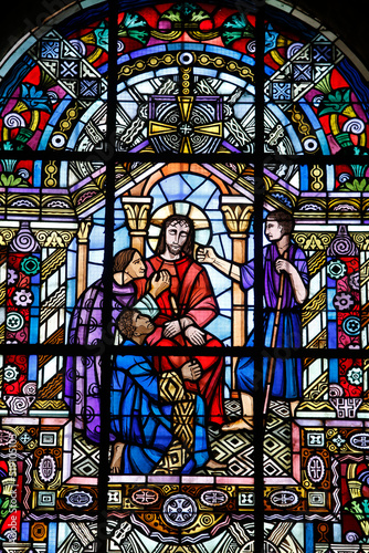 Notre Dame de Brebi  res basilica stained glass by Jacques Gruber