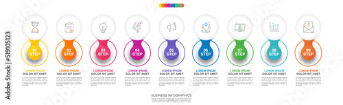 Vector infographics circles. Business concept of 9 options. Timeline step by step template with nine labels for diagram, web, banner, presentations, flowchart, content, levels, chart, graphic
