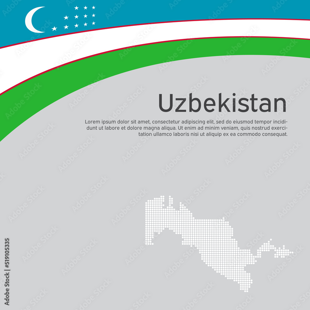 Abstract waving Uzbekistan flag, mosaic map. National uzbek poster. Creative background for design of patriotic holiday card. State uzbekistan patriotic cover, flyer. Vector tricolor design