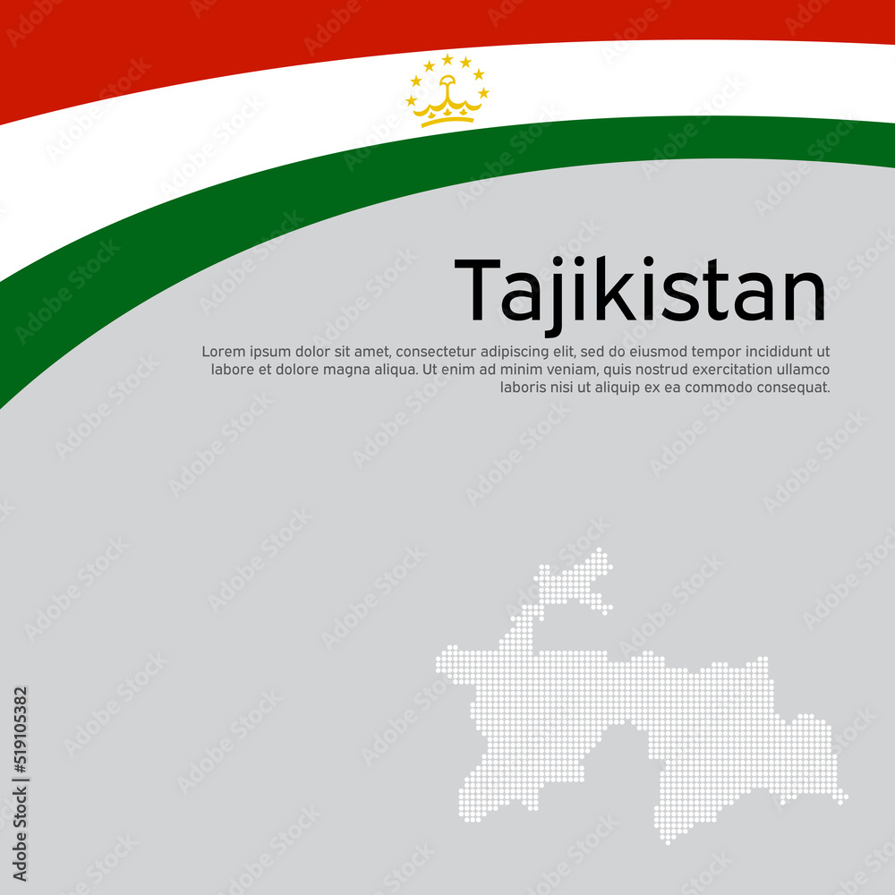 Obraz premium Abstract waving Tajikistan flag, mosaic map. National tajik poster. Creative background for design of patriotic holiday card. State tajikistan patriotic cover, flyer. Vector tricolor design