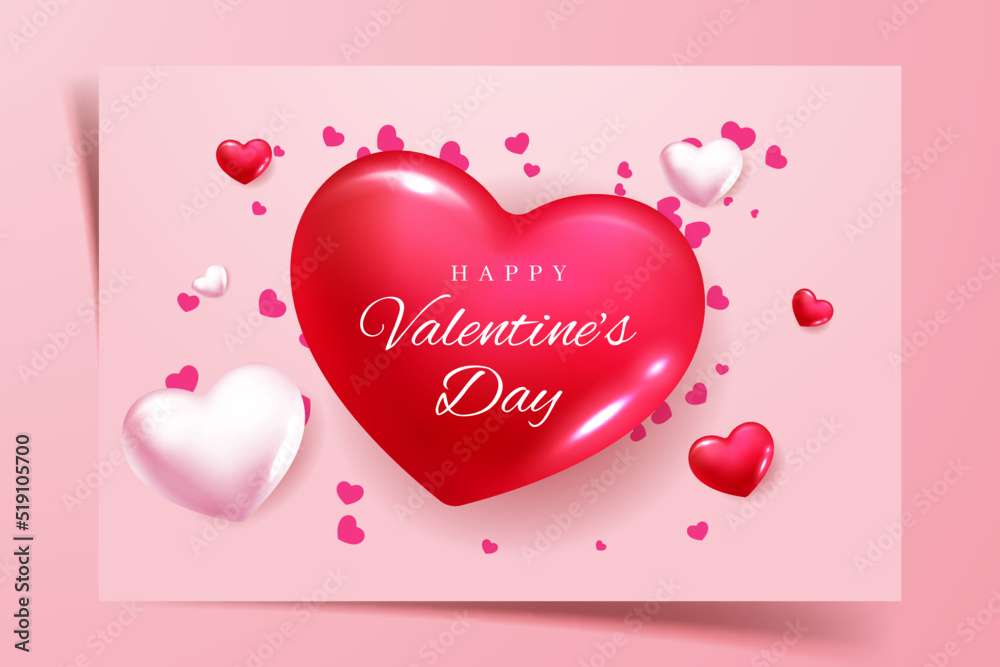 Happy valentine day congratulation with red and pink 3d heart shapes