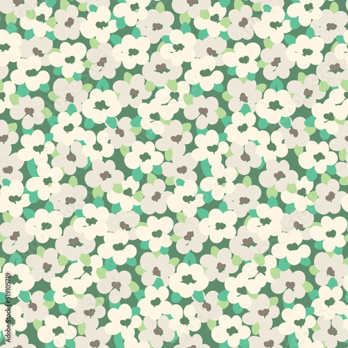 Seamless floral pattern, liberty ditsy print with small white flowers, tiny leaves. Romantic botanical background, trendy surface design with small painting flowers. Vector illustration.