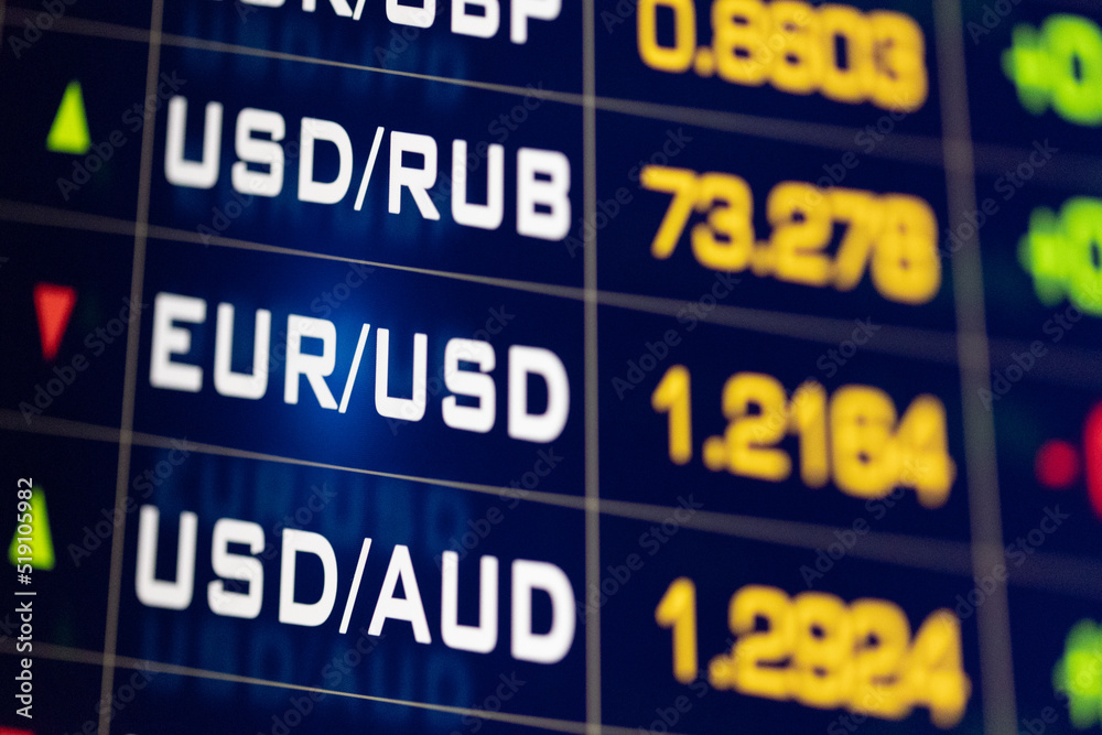 Euro currency exchange rates. Screen with different currency exchange rates to the EUR. Currency market and currency trading.