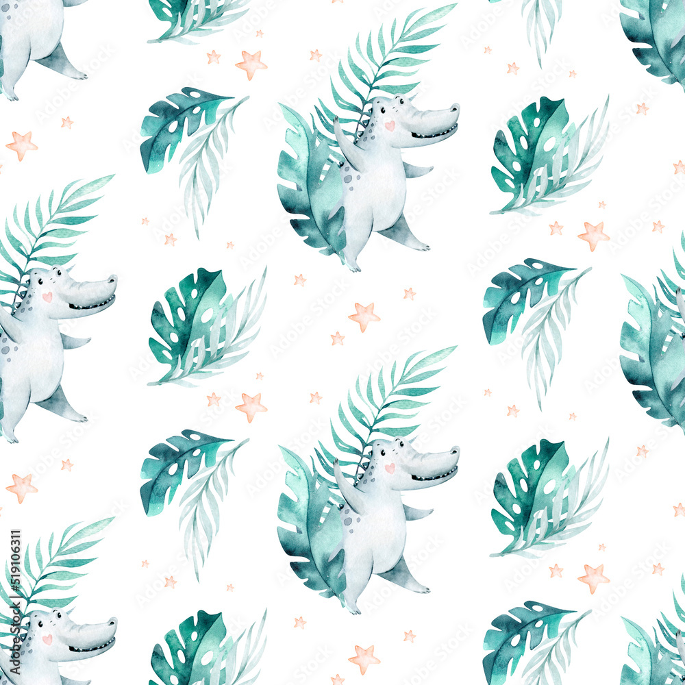 Fototapeta premium Seamless cartoon crocodiles pattern. Watercolor tropic african illustration with watercolor alligators and Africa palms. Tropical leaves Fabric background