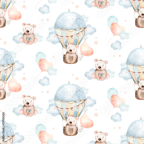 Cute baby animal and air balloon seamless pattern, bear crocodile illustration for children clothing. Balloons Woodland watercolor Hand drawn boho image for cases design, nursery posters, postcards