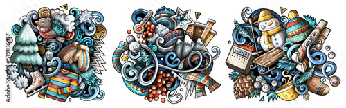 Winter cartoon vector doodle designs set.