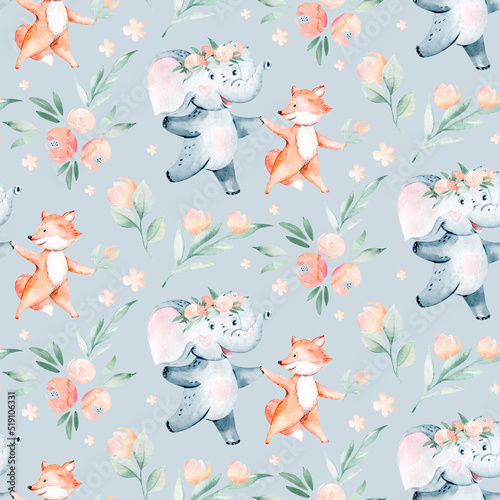 Watercolor seamless pattern with dancing elephant and fox forest animals on white background. Childish animal illustration. Happy birthday  celebration concept.