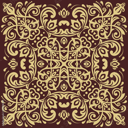 Elegant vintage brown and golden ornament in classic style. Abstract traditional pattern with oriental elements. Classic vintage pattern