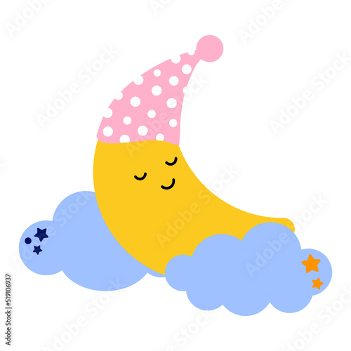 Cartoon moon sleeps in the clouds in a sleep cap. Good night, lullaby theme. Vector isolated on a white background