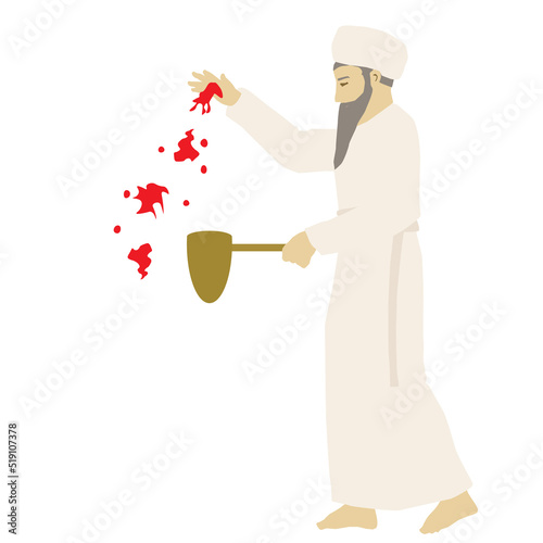 Fototapet A painting of a Jewish high priest dressed in white clothes on Yom Kippur throwing blood