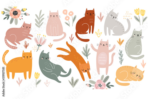 Cute kittens with floral elements. Childish characters with different emotions - joy, happines and others.