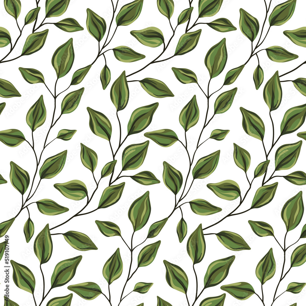 Seamless pattern with leafy twigs on a white surface. Elegant botanical background, natural print with small hand drawn leaves, foliage on thin branches. Vector illustration.