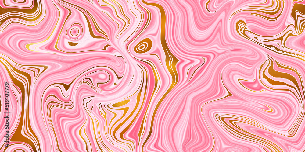 Pink and gold seamless marble pattern with psychedelic swirls. Vector liquid acrylic texture. Flow art. Trippy 70s textile background. Tie dye simple artistic effect