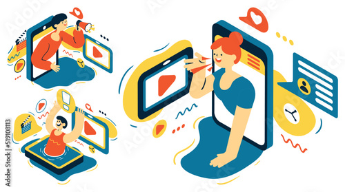 Clipart set with people broadcasting a message, information using a mobile phone. The concept of news Internet resources, blogs, social networks, news portals. Vector illustration.