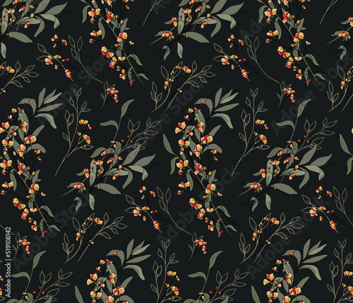 Seamless pattern with wild flowers, herbs in vintage style. Autumn floral print, elegant botanical background with drawn plants, small flowers, leaves on branches, foliage on a black field. Vector.