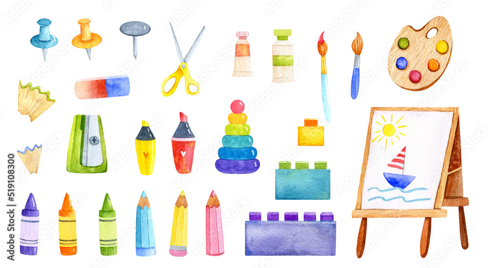 Watercolor back to school and education elements set. Cute cartoon style. Backpacks, stationery teacher graphics. Elementary and high school illustration. Hobby, drawing watercolor Watercolor back to school and education elements set. Cute cartoon style. Backpacks, stationery teacher graphics. Elementary and high school illustration. Hobby, drawing watercolor