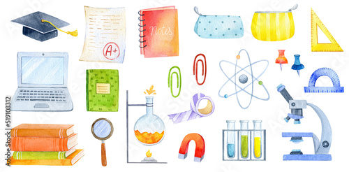 Watercolor back to school and education elements set. Cute cartoon style. Backpacks, stationery teacher graphics. Elementary and high school illustration. Science graphic set isolated 