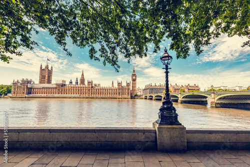 Big Ben, Westminster Bridge on River Thames in London, England, UK