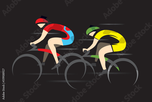 Two sport road cyclists, full speed. 
Two racing cyclists. Colorful stylized illustration, isolated on black background. Vector available.