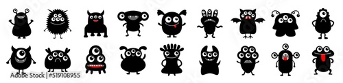 Happy Halloween. Monster icon big set line. Black silhouette. Cute kawaii cartoon funny baby character. Sticker print template.. Eyes, horn, fang teeth tongue. Flat design. White background.