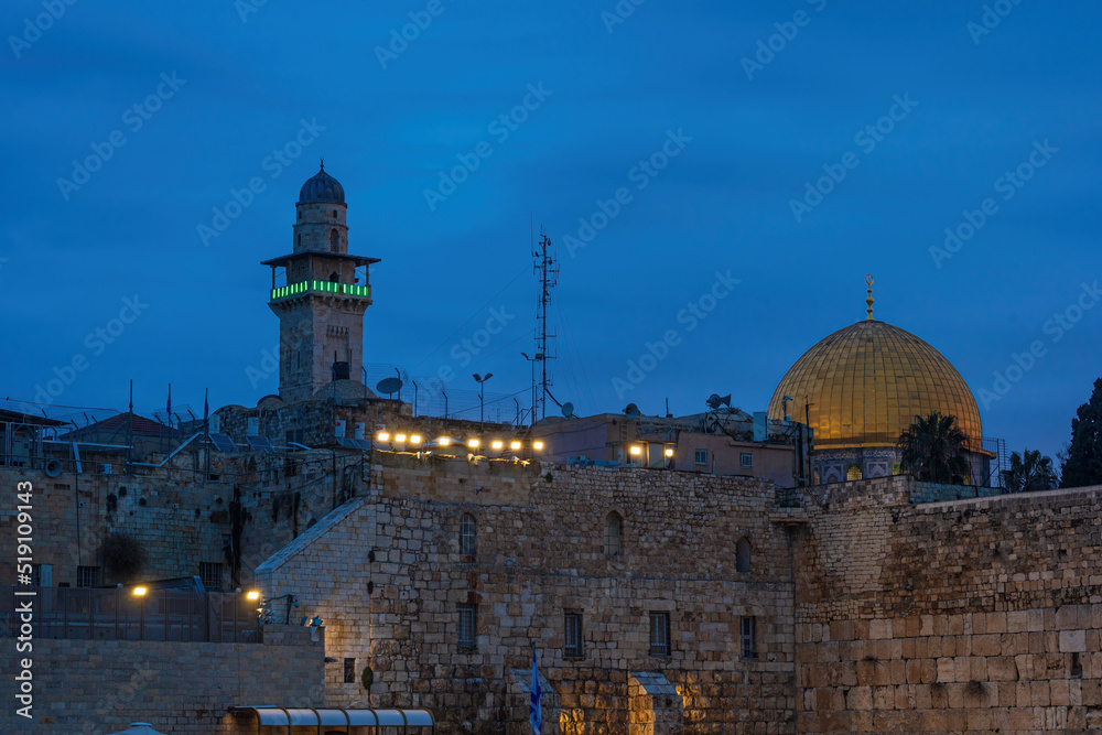 Dome Of The Rock and Western Wall in Jerusalem Old City at blue hour, Israel