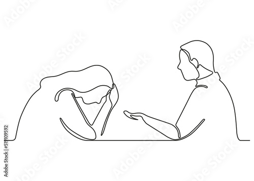 Talk couple, conversation in relationship, psychological problem, continuous one line drawing. Sad girl and man. Crisis therapy, counselling for family people under stress, depression. Vector outline