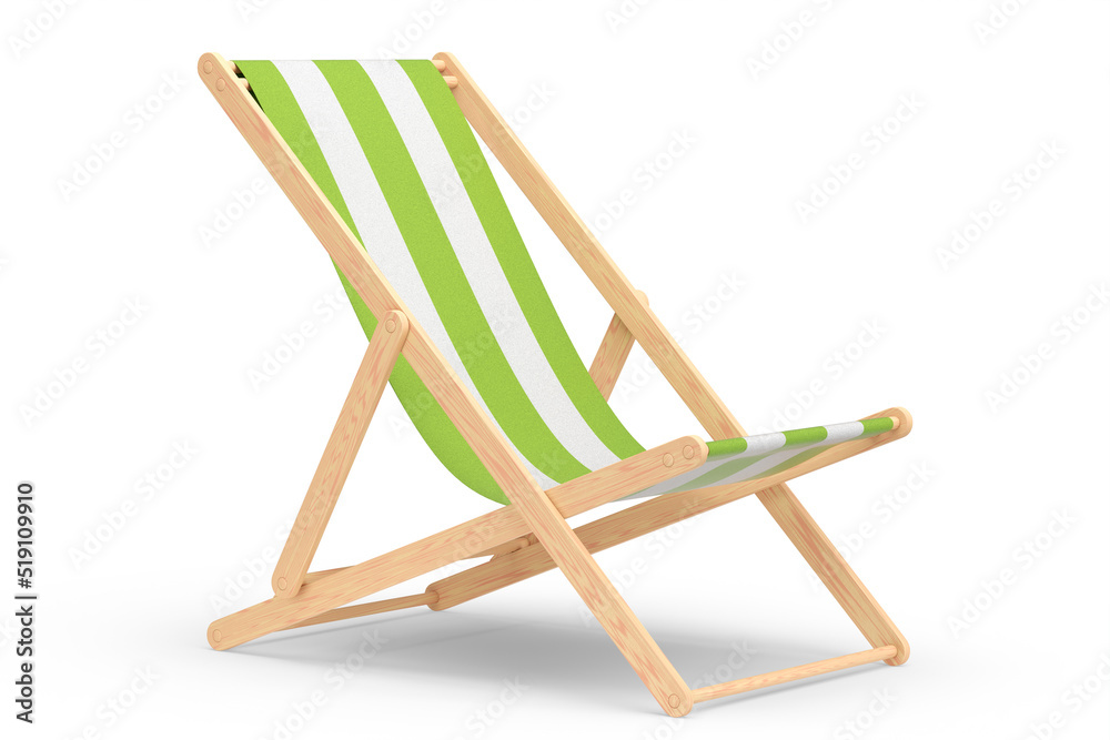 Green striped beach chair for summer getaways isolated on white background.