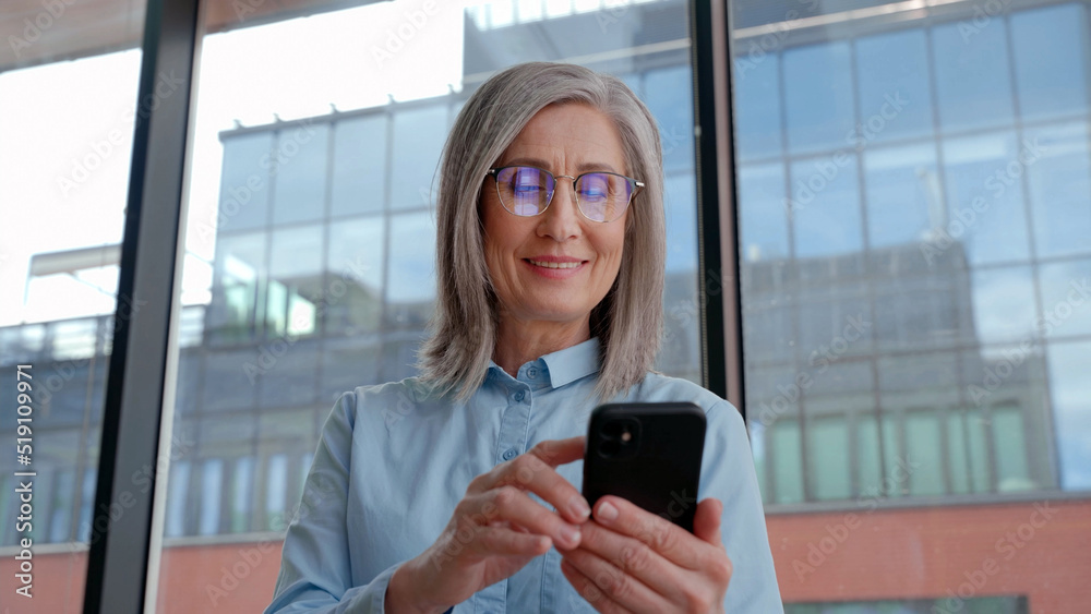 Middle age 60-s old senior businesswoman is using a smartphone in an office. Middle age 60-s old senior businesswoman is using a smartphone in an office.