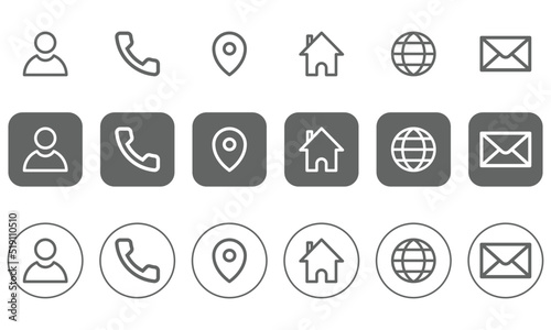 Collection of communication symbols Contact email mobile phone message icons.