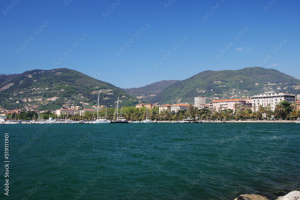The panorama of Ligurian riviera seaside from Portofino, Italy The panorama of Ligurian riviera seaside from Portofino, Italy