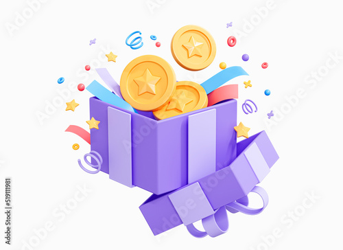 3D Open gift box with floating gold coin and serpentine ribbon. Cash surprise box. Money prize reward. Loyalty program concept. Cartoon creative design icon isolated on white background. 3D Rendering photo