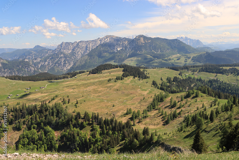 Bergpanorama im Salzkammergut; Blick vom Wieslerhorn über die Postalm auf Kalmberg; Gamsfeld, Braunedelkogel und Gosaukamm