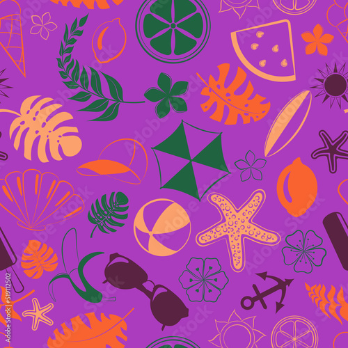 Seamless pattern of various items related to summer holidays at sea, multicolored on purple background