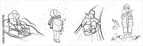 A set of black and white illustrations. Children in winter. Coloring book. Vector.