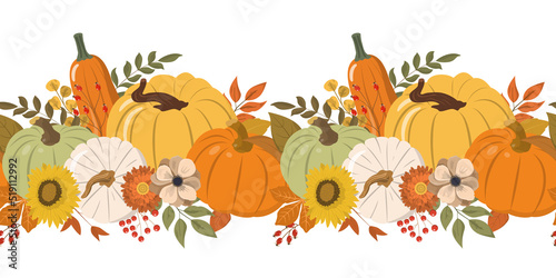 Cute autumn color pumpkins, flowers, berries, and leaves horizontal seamless pattern. Isolated on white background. Seasonal fall banner design for greeting or promotion. photo
