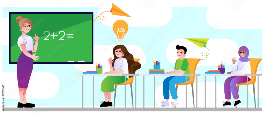 Pupils and teacher in classroom. School pedagogue teach math lesson to ...