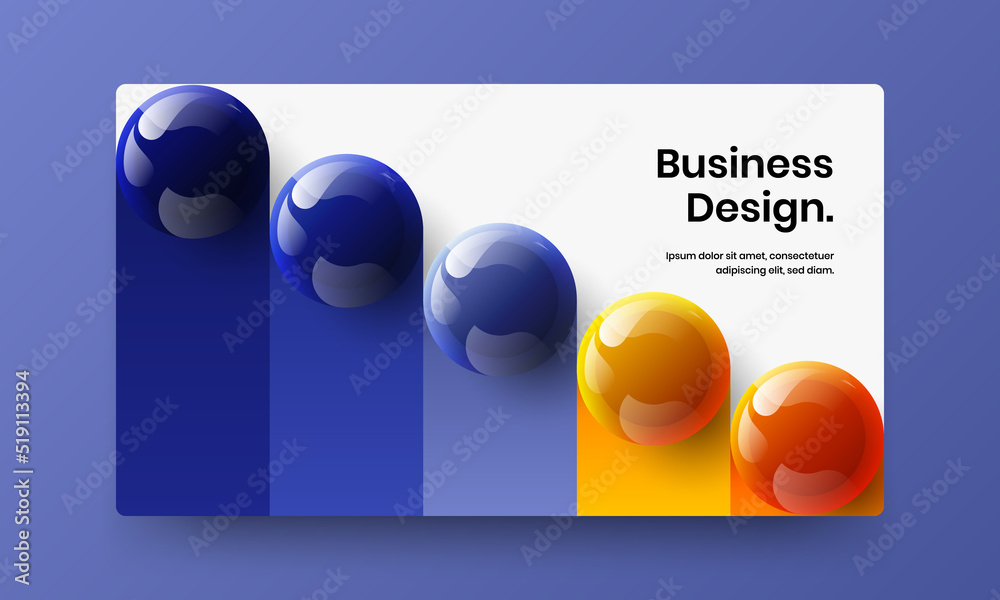 Minimalistic landing page vector design template. Geometric realistic spheres postcard layout.
