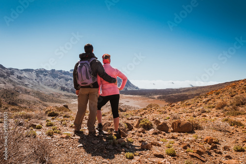 sporty couple on top of mountain. Tenerife Canary