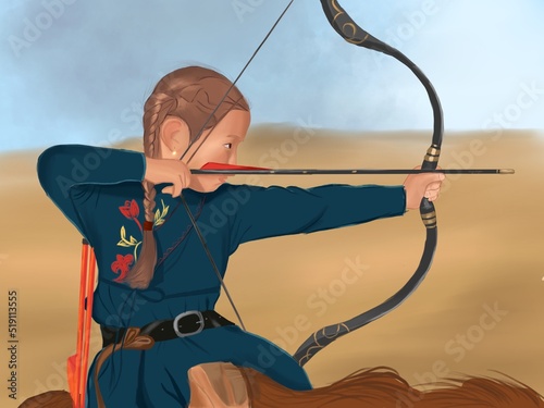 kazakh archer girl illustration