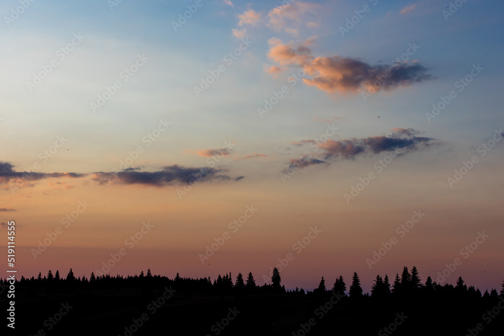 Beautiful sunset landscape with mountains and trees