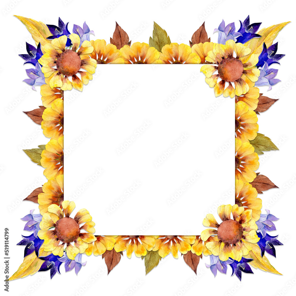 Watercolor frame arrangement with hand drawn autumn bellflower and