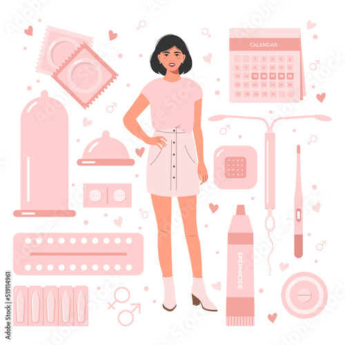 Illustration of a woman with different types of female contraception. Protection against sexually transmitted diseases, preventing an unwanted pregnancy in flat style. Vector