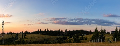 Beautiful sunset landscape with mountains and trees - panorama